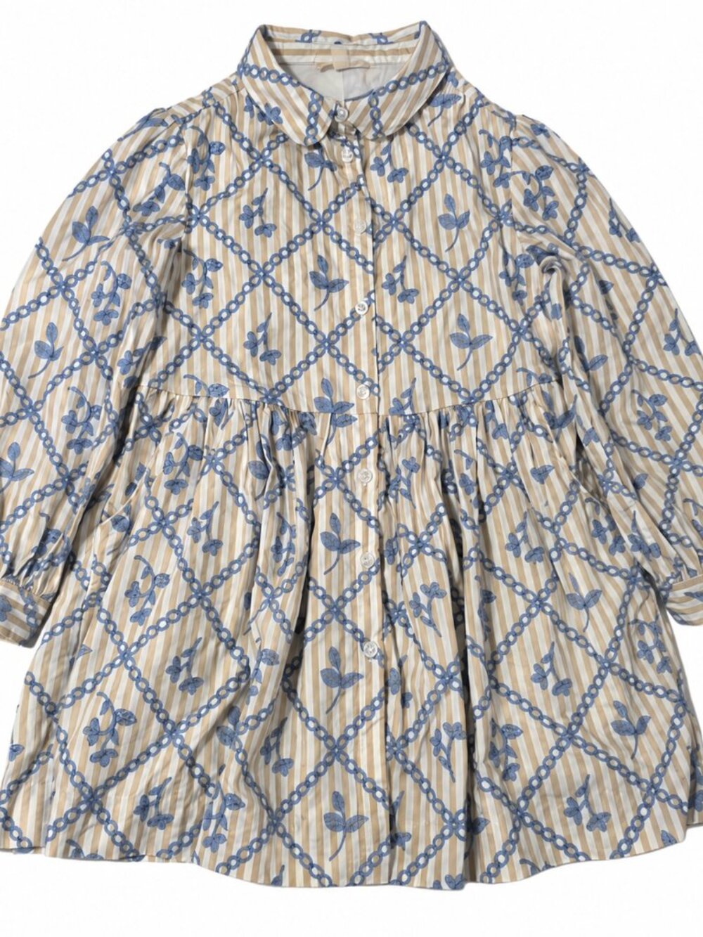 Sézane x Lucia Vergara Girls Shirt Dress Striped Floral Blue Beige Size 6
